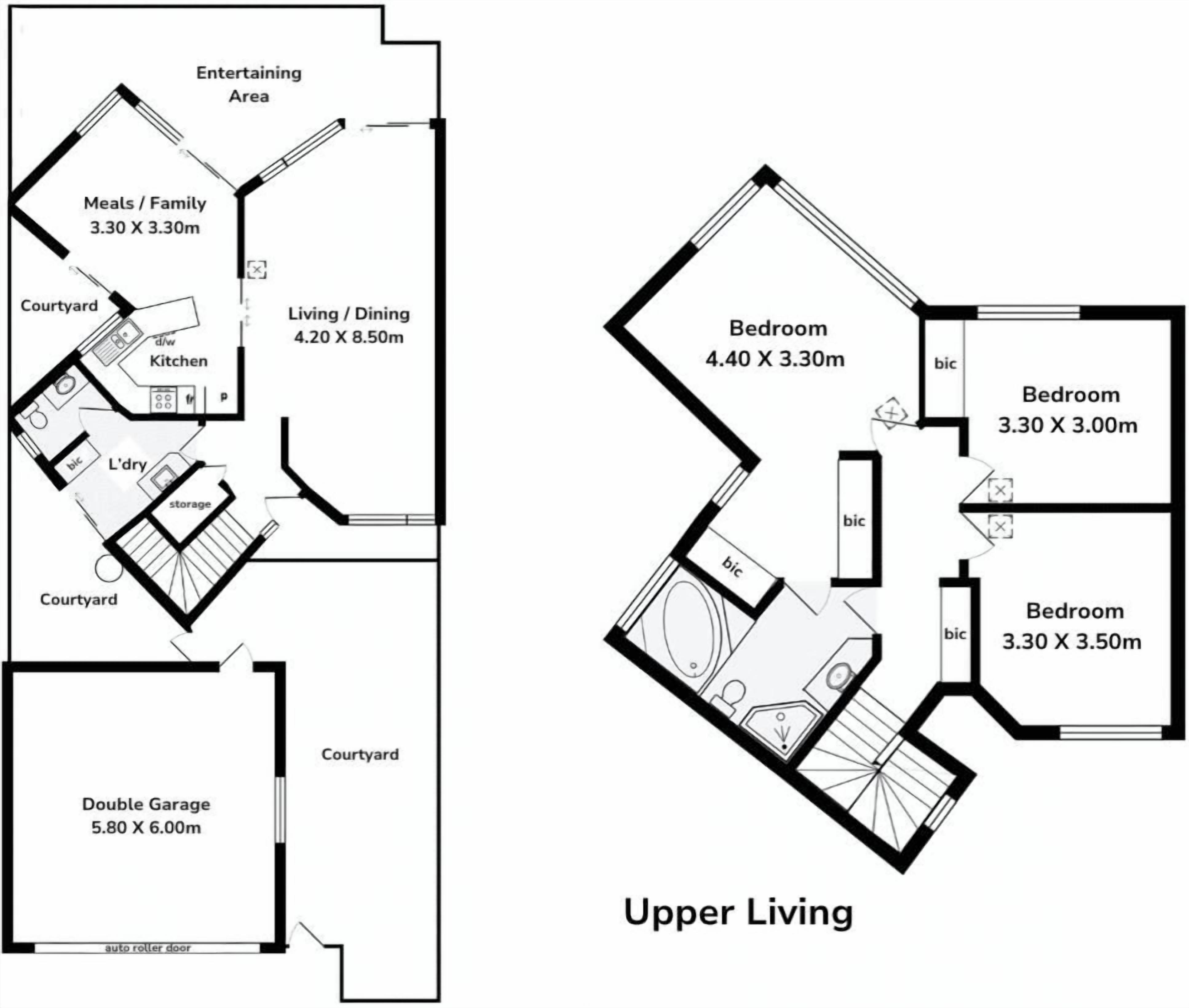 A floor plan of an upper living area with a double garage, living/dining space, and two bedrooms.