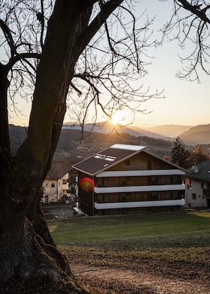 A building with a sloped roof, multiple windows, and a visible chimney. - Apartment in Dolomites With Wellness Area (Castelrotto)
