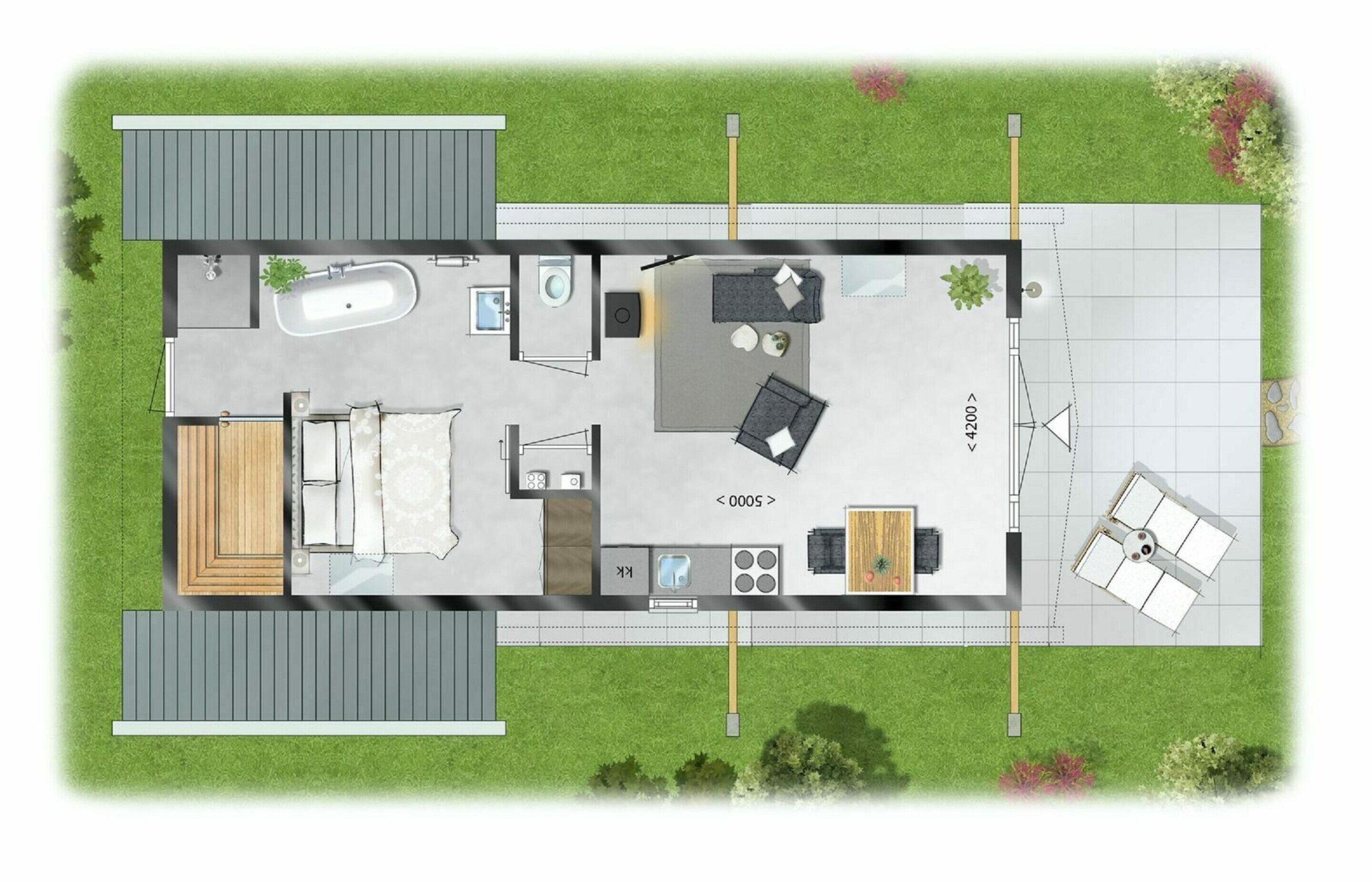 Un plan d’étage d’une maison moderne comprenant une salle de bain, une cuisine, un espace de vie et un petit coin salon extérieur.