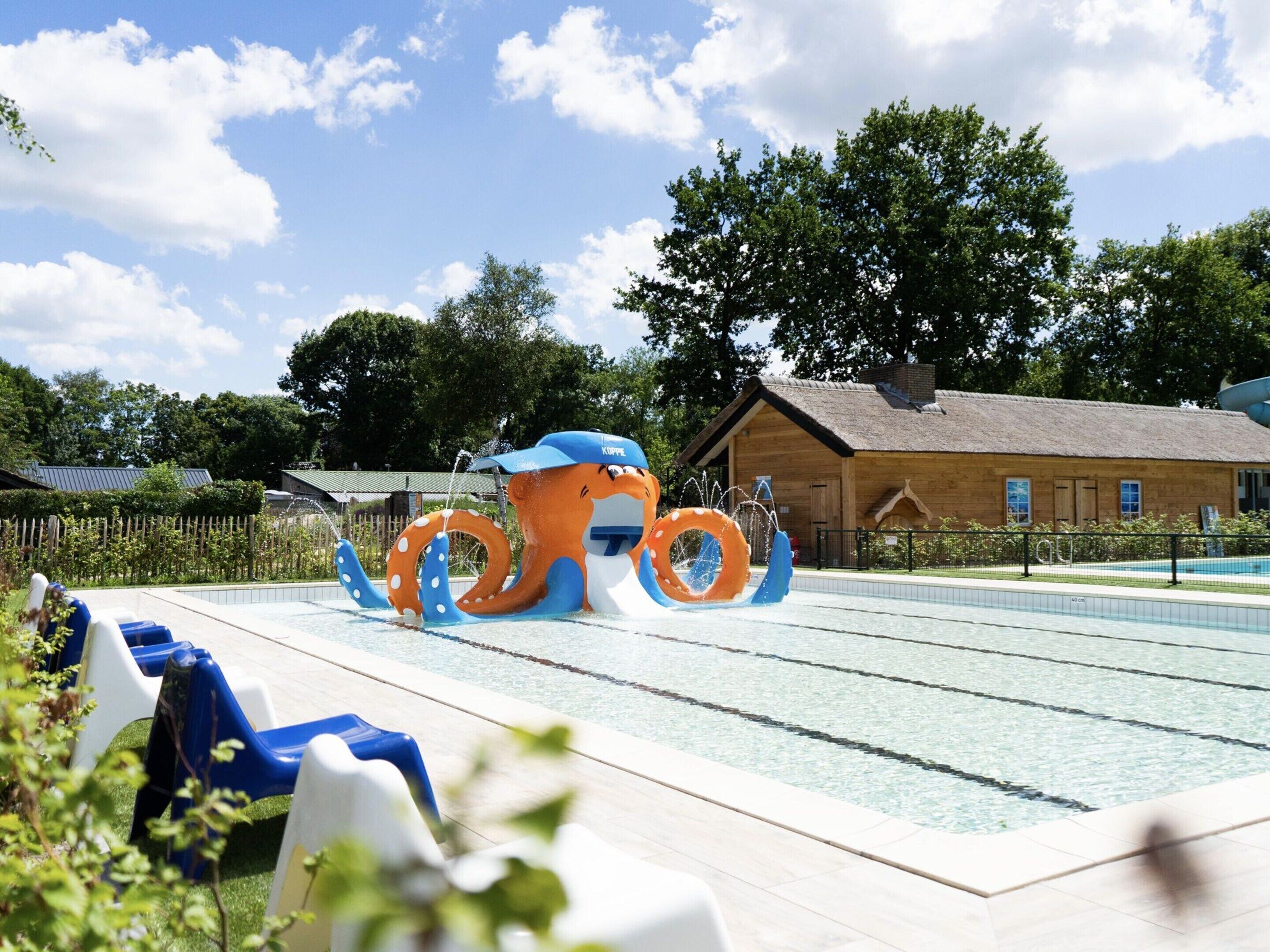 An outdoor swimming pool with a large octopus water feature, lounge chairs, and a wooden building in the background.