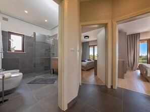 Shower, hair dryer, towels