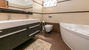 Ensemble baignoire-douche, séchoir à cheveux, serviettes fournies