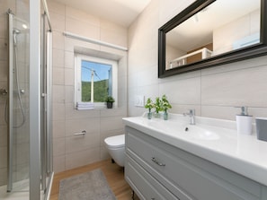 Shower, hair dryer, towels
