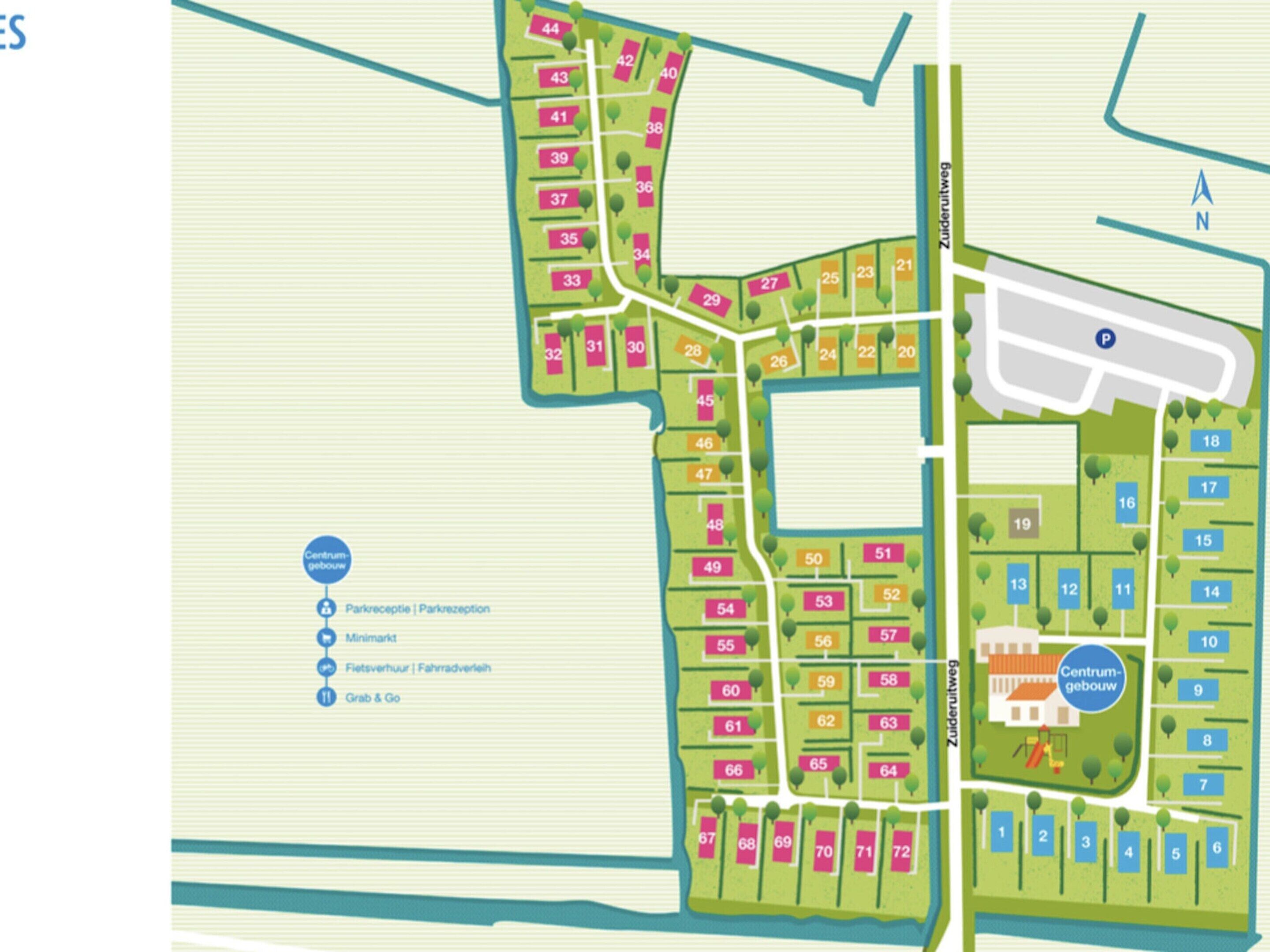 Un mapa de una zona residencial con manzanas numeradas, un parque y una escuela.