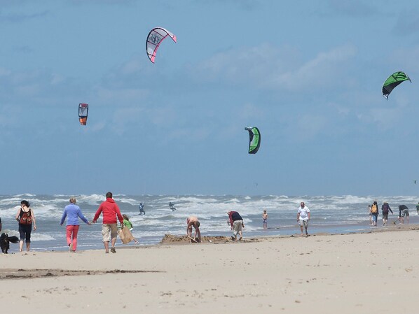 A beach with people walking and playing, and kites flying in the sky. - Apartment in Egmond by the Beach (Egmond aan Zee)