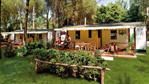 Une rangée de petites cabanes jaunes aux bordures blanches, entourées d’une végétation luxuriante et d’arbres.