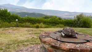 A turtle on a brick structure with a metal grid, surrounded by a grassy field and distant mountains under a clear sky. - Belvilla by OYO Piandigoro - I Lecci (Radicofani)