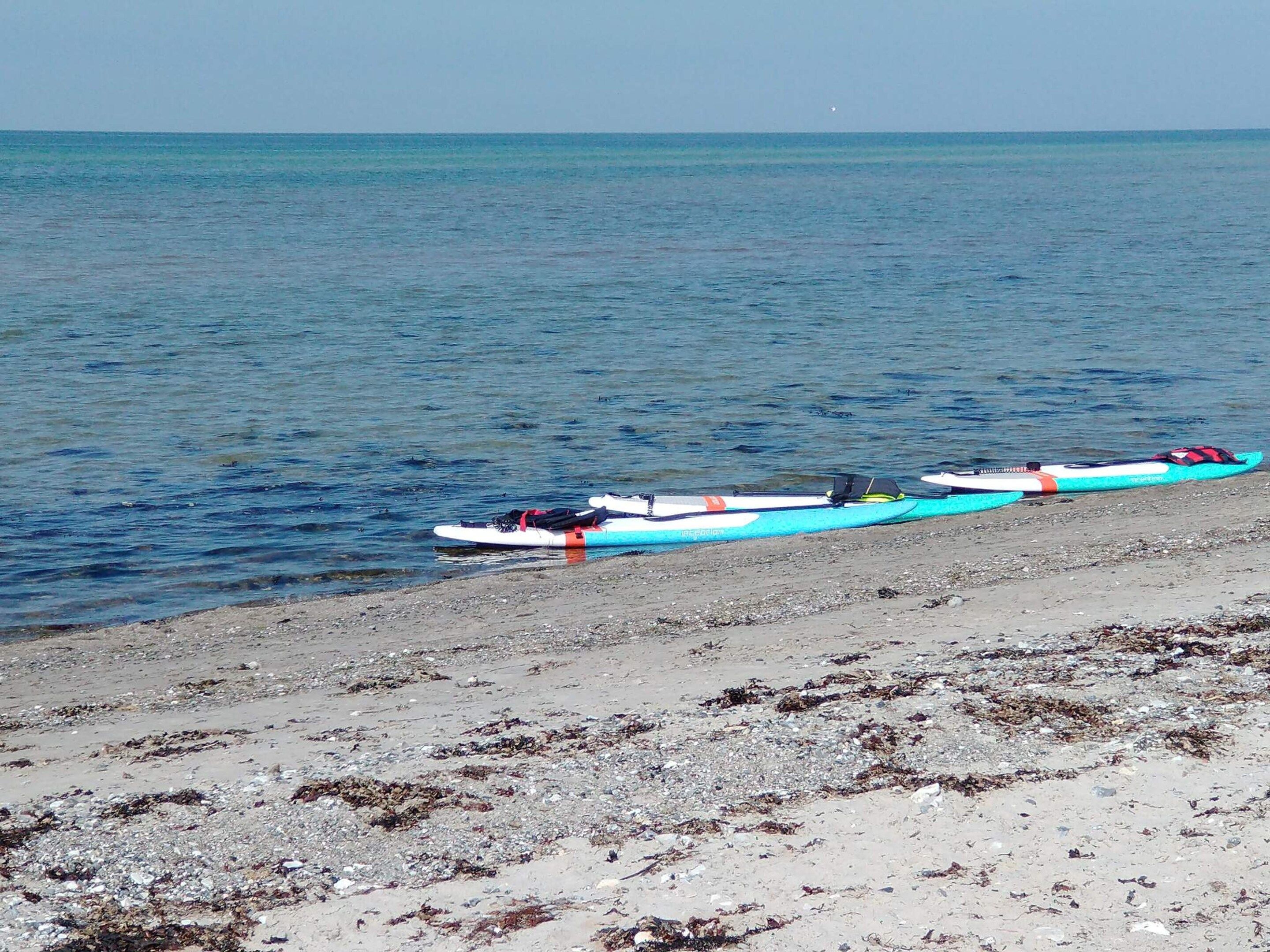 Una spiaggia con kayak in fila lungo la riva.
