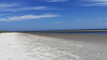 En bred, sandet strand med klar himmel.