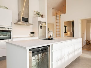 A modern kitchen with a dishwasher, stainless steel appliances, and a central island. - Holiday Home in Jerup (Jerup)