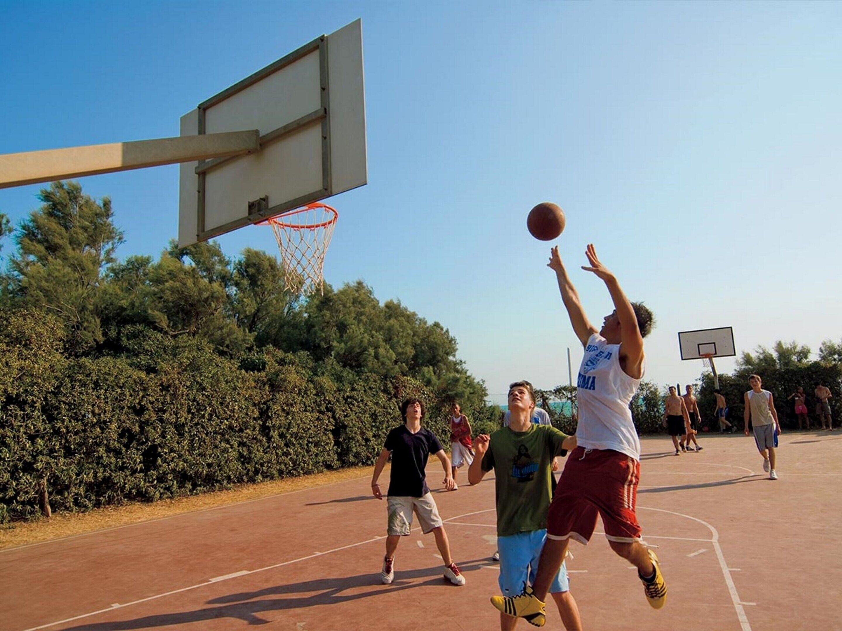 Una cancha de baloncesto al aire libre con aro, rodeada de árboles y un cielo despejado.
