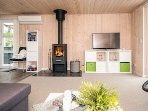 Een moderne woonkamer met een houtkachel, een televisie en een boekenkast.