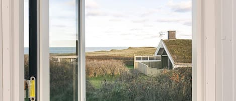 A view through a window of a coastal landscape with a grassy field, a small building with a sloped roof, and a body of water in the distance.