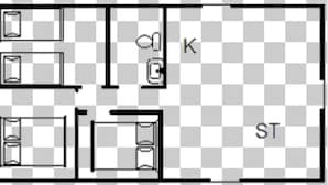 A hotel layout with a kitchen, a dining area, and multiple rooms. - 6 Person Holiday Home in Blokhus (Blokhus)