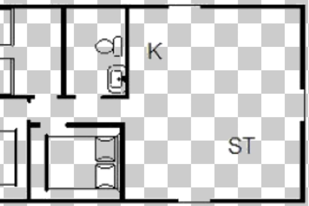 A hotel layout with a kitchen, a dining area, and multiple rooms.
