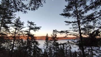 A forested area with a lake and a clear sky.