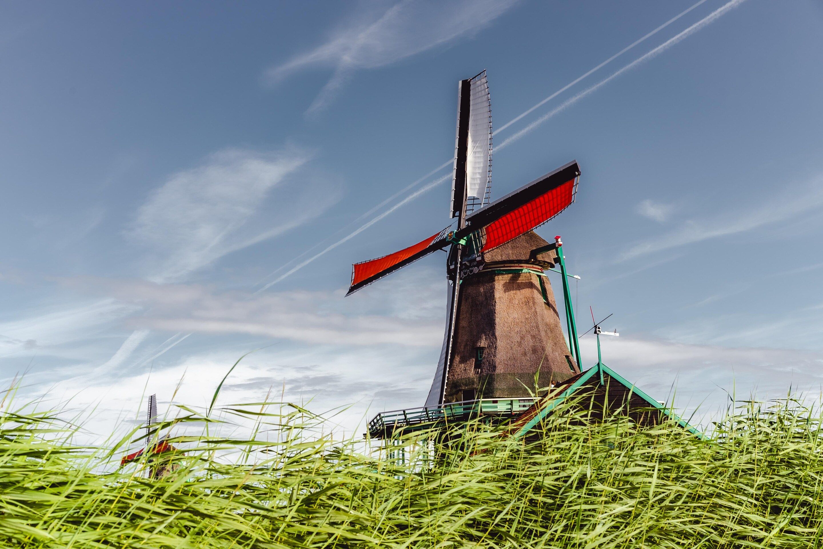 Un moulin à vent avec une voile rouge, entouré d’herbes hautes.