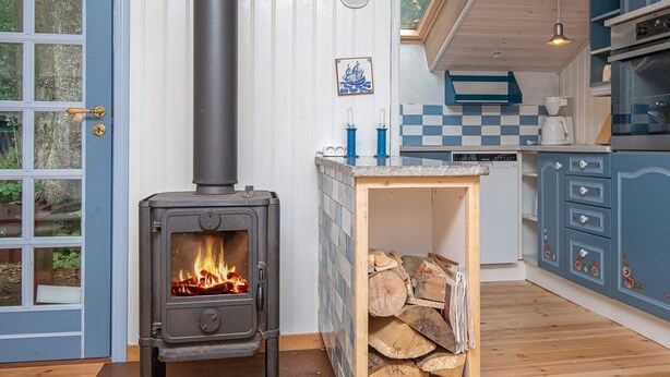 A kitchen with a wood-burning stove, a blue door, and a checkered tile backsplash. - 4 Person Holiday Home in Haderslev (Haderslev)