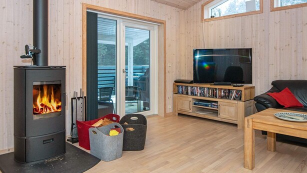 A cozy living room with a wood-burning stove, a television, and a comfortable seating area. - 6 Person Holiday Home in Herning (Herning)