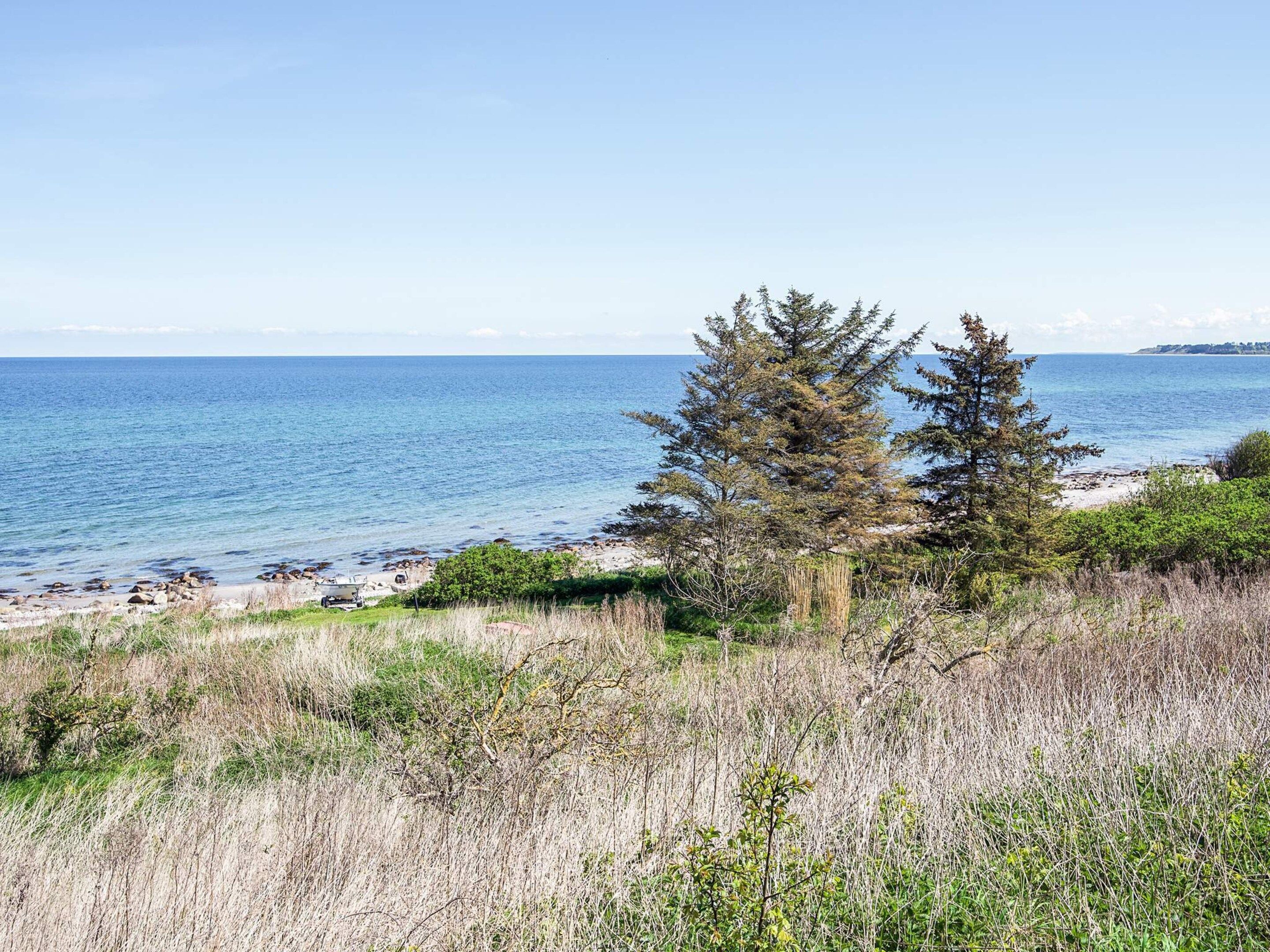 Un paisaje costero con una playa, árboles y una vista despejada del mar.