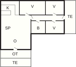 A hotel layout with labeled rooms including K, V, SP, O, B, and TE. - 6 Person Holiday Home in Romo (Rømø)