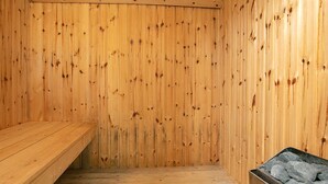 A sauna room with wooden walls and benches.