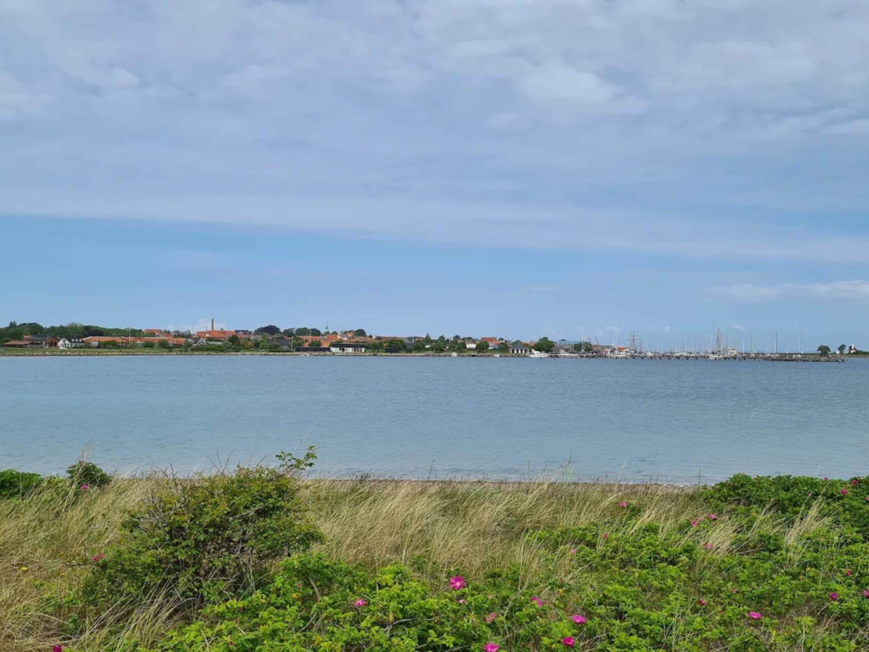 Un paisaje costero con una masa de agua, una línea de costa distante con edificios, y un cielo despejado.