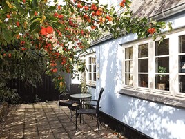 A patio with a table and chairs, a white building with windows, and a tree with red fruits.