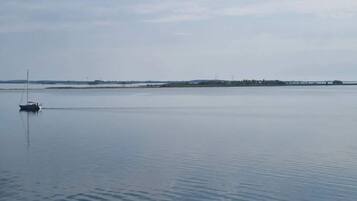 A calm body of water with a single sailboat anchored near the shore.