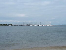 A marina with numerous sailboats docked.