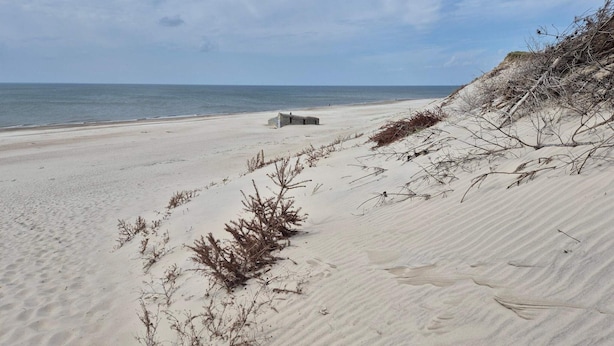 A sandy beach with sparse vegetation and a concrete structure in the distance. - 4 Person Holiday Home in Hvide Sande (Hvide Sande)