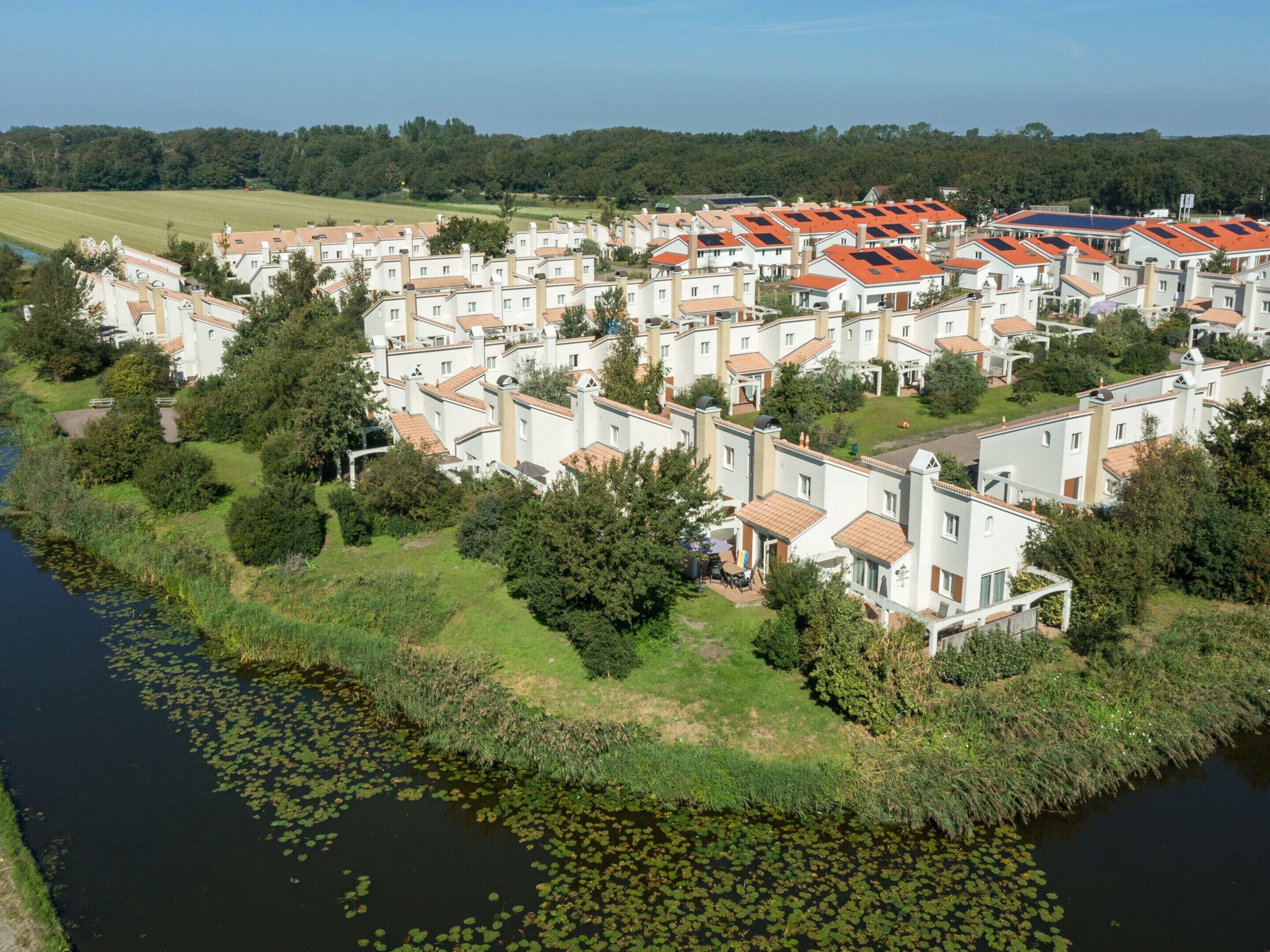 A residential area with white houses and red roofs, surrounded by greenery and a body of water with lily pads.