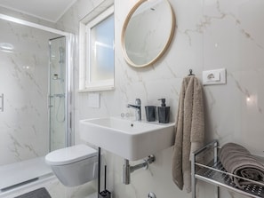 Shower, hair dryer, towels