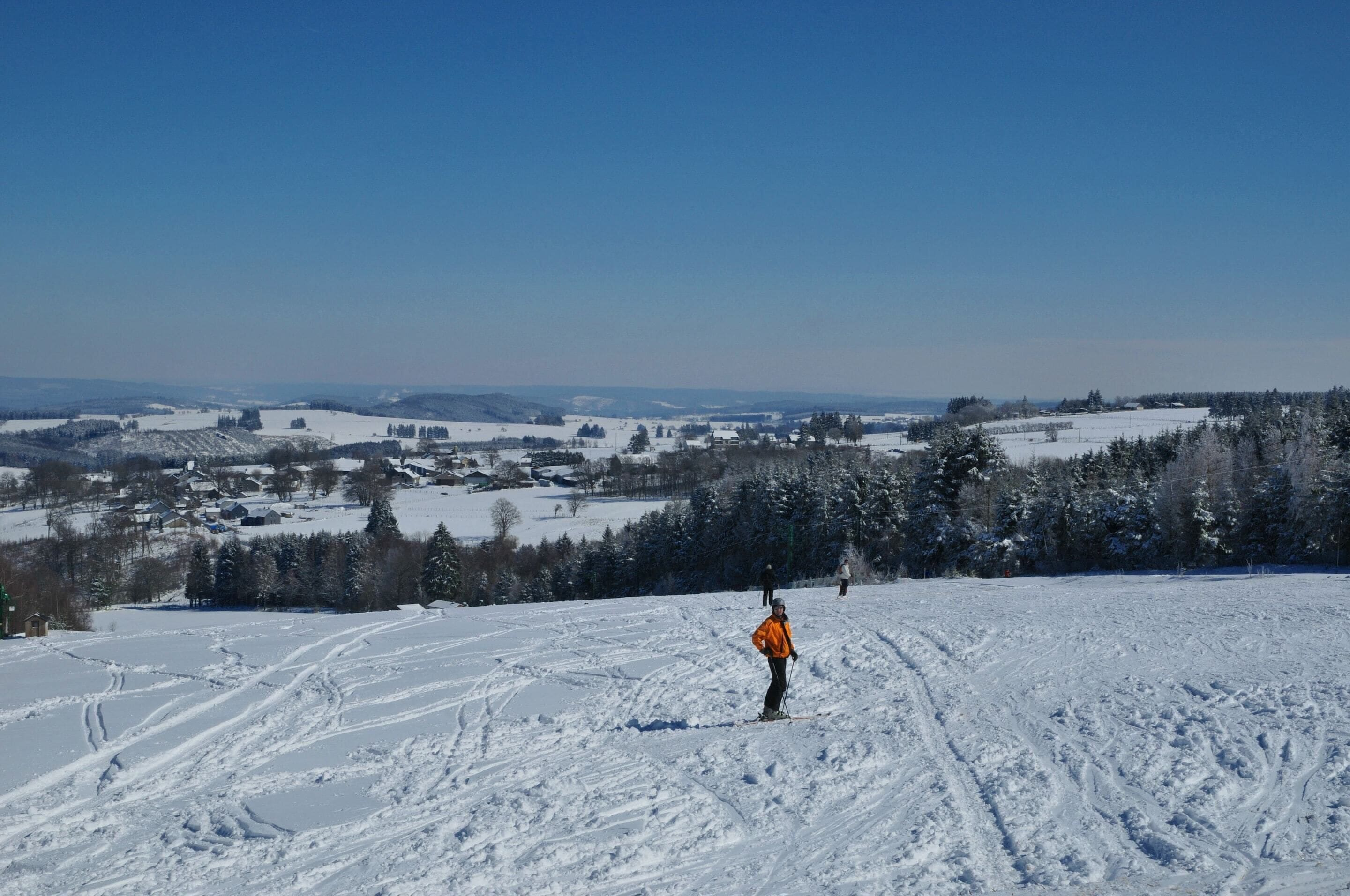 Een besneeerd landschap met een skiënd persoon.
