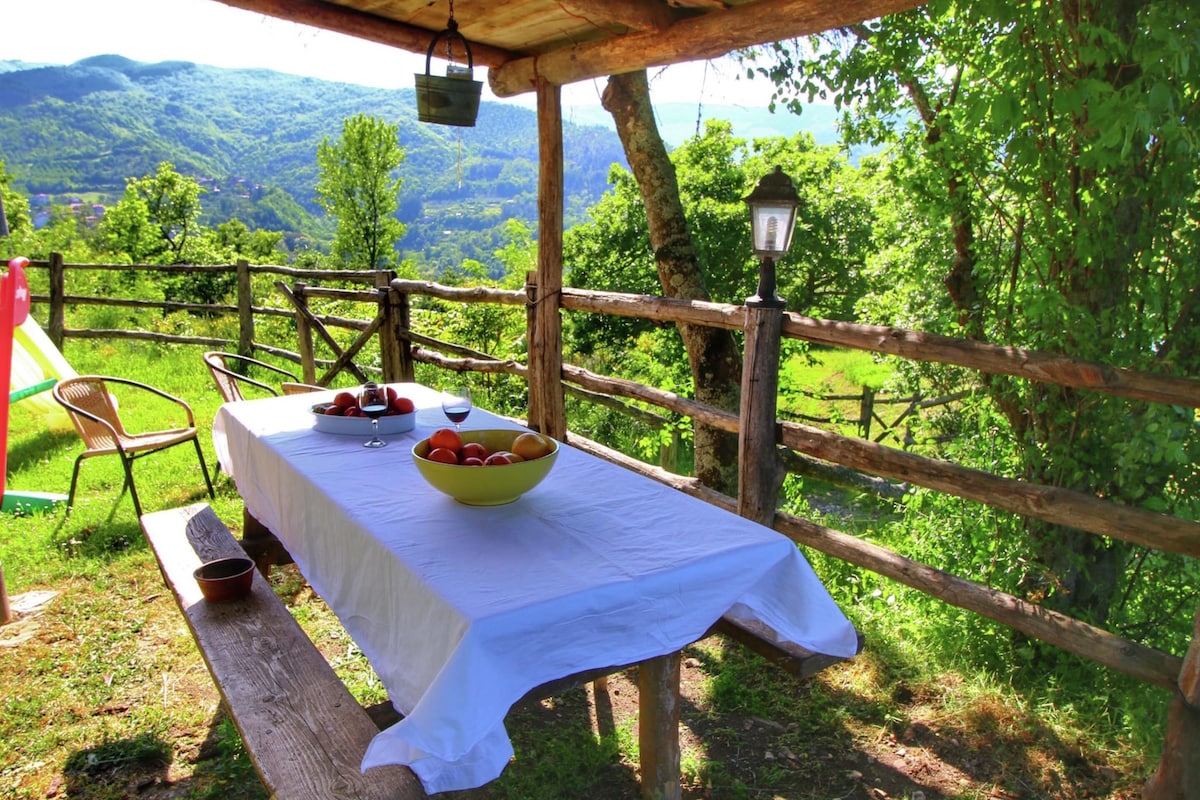 Uma mesa de madeira com toalha branca, uma tigela de frutas e uma taça de vinho sobre um banco de madeira.