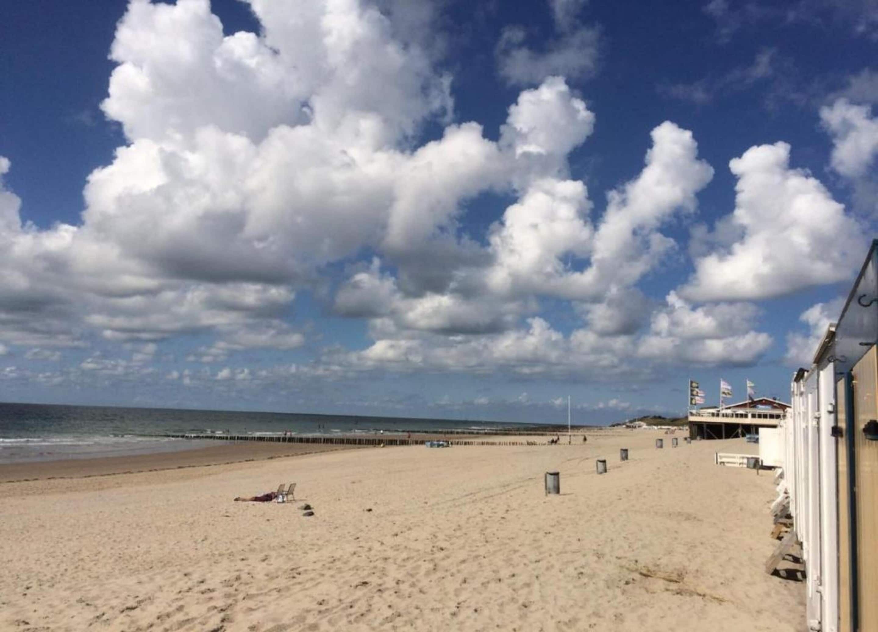 A beach with a pier, sandy beach, and a building with flags.