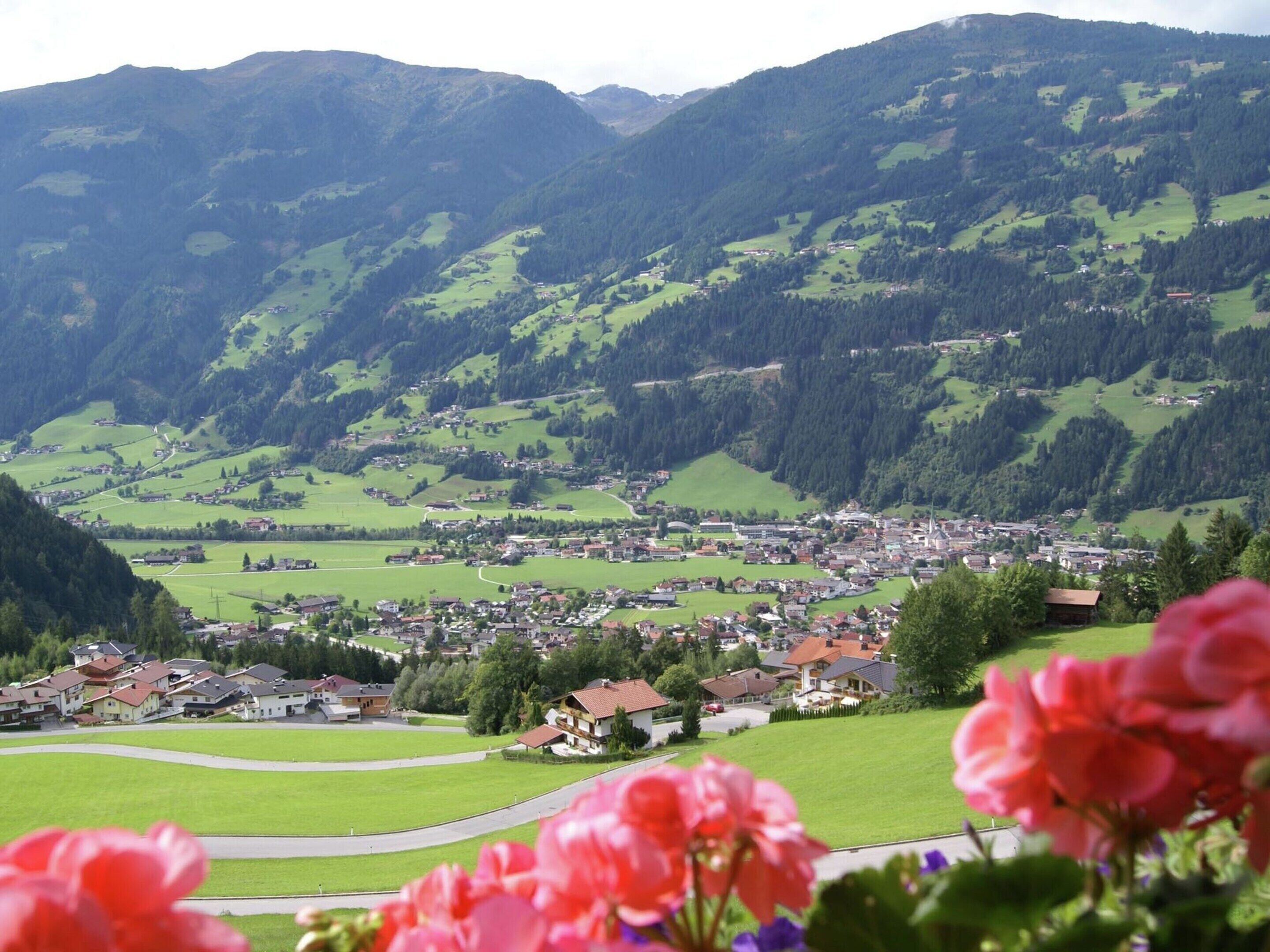 A town nestled in a valley with green fields and houses, surrounded by mountains.