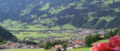A town nestled in a valley with green fields and houses, surrounded by mountains.