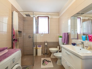 Shower, hair dryer, towels