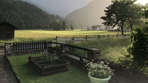 A rural landscape with a wooden cabin, a stone wall, and a grassy field. - Fabulous Apartment in Bichlbach (Bichlbach)