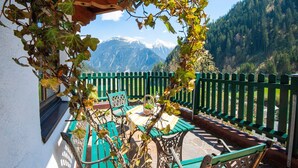 Ein Balkon mit Blick auf schneebedeckte Berge, grüner Außenmöbel und einer Hollaube mit Weinreben.