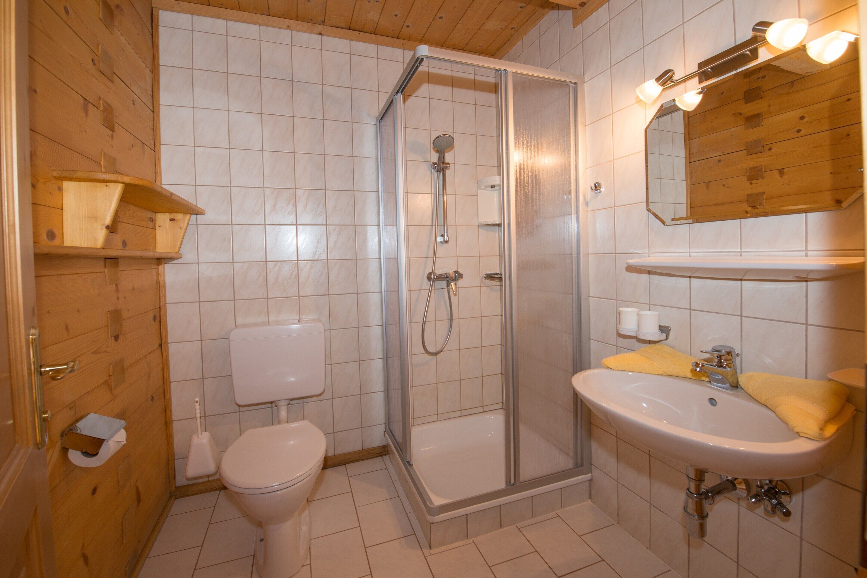 Un bagno con doccia, servizi igienici, lavandino e pareti in legno.