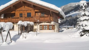 A wooden chalet with a sloped roof covered in snow, surrounded by a snowy landscape and mountains. - Cozy Holiday Apartment Close to the Slopes (Kleinarl)