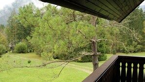 A view from a covered porch overlooking a grassy area with trees and a path. - Serene Apartment in Bohinjsko Jezero near Ski Lift (Bohinj)