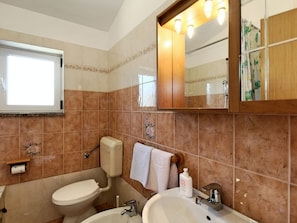 Combined shower/tub, hair dryer, towels