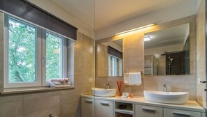 Shower, hair dryer, towels