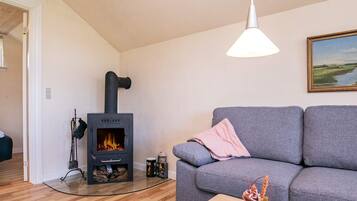 A living room with a wood-burning stove, grey sofa, wooden flooring, and a painting on the wall.