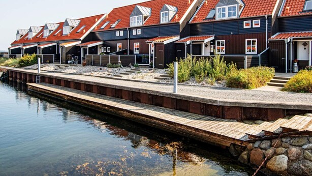 A row of houses with red-tiled roofs, a dock, and a calm water body. - Holiday Home in Juelsminde (Juelsminde)