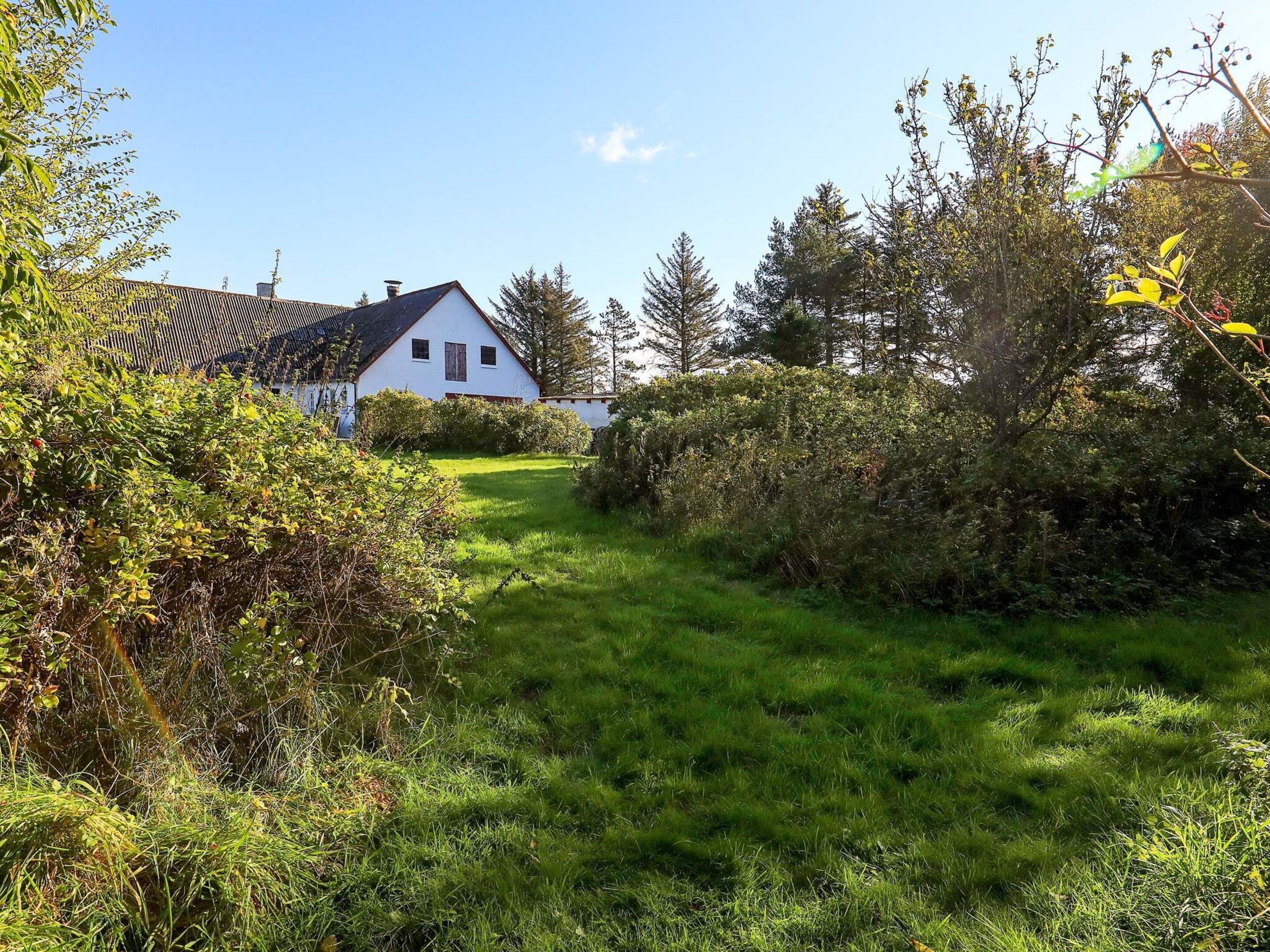 Ett vitt hus med ett sluttande tak och en skorsten, omgivet av tät grönska och träd.