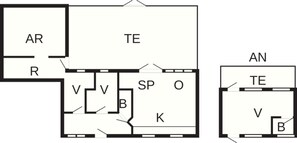 Plano de planta con habitaciones identificadas como AR, TE, R, AN, V, B, SP, O y K.
